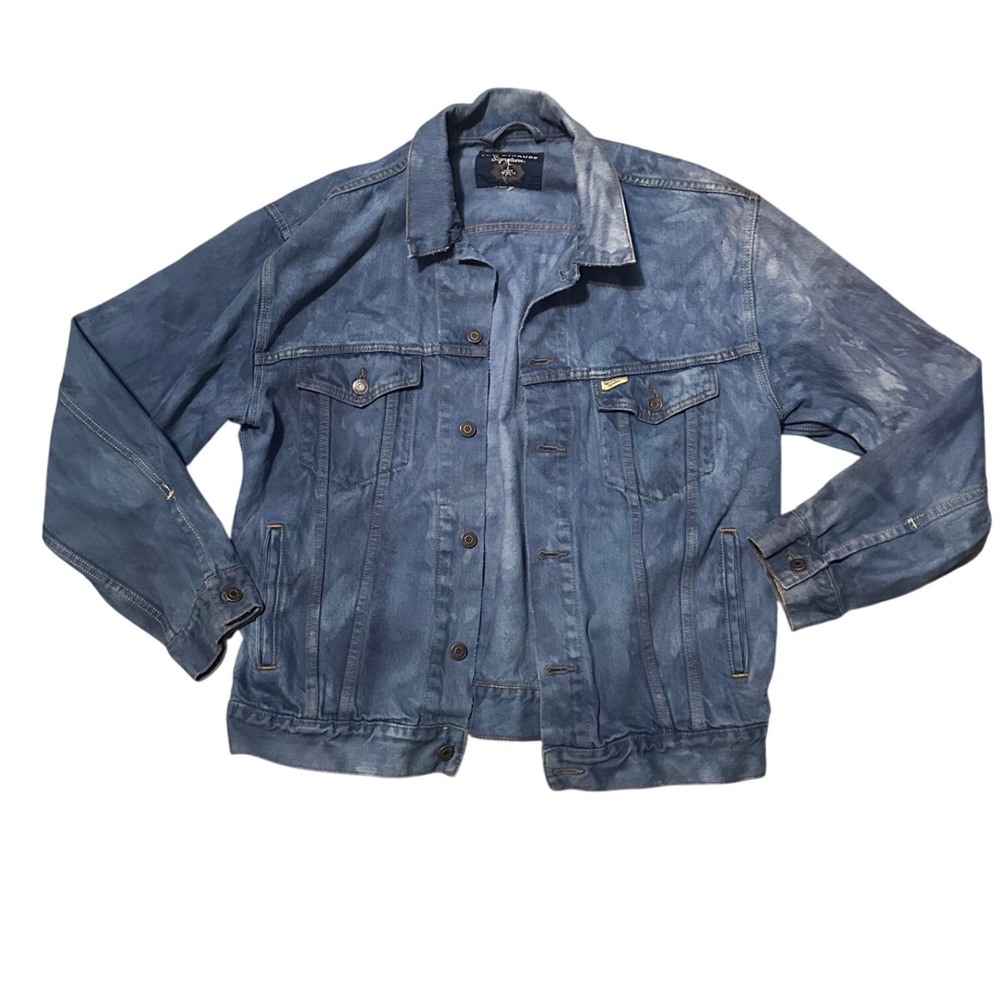 Levi Strauss Signature Mens‎ Blue Denim Trucker Jacket Distressed Wash Size XL